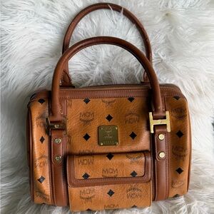 MCM Cognac Visetos Logo Satchel with Gold Hardware